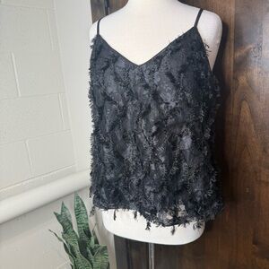 E & M Elegant Black Fringed Camisole Top size Large Womens ruffle blouse chic